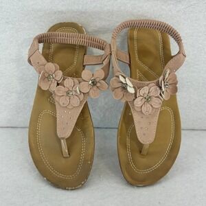 Floral Thong Sandals Size 6.5 Tan Beige Flower Embellished Elastic Slingback